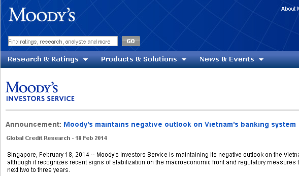 Moody's maintains negative outlook on Vietnam's banking system