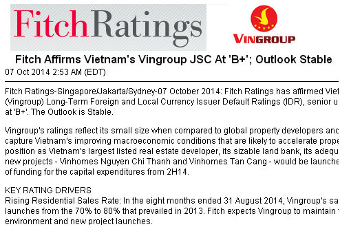 Fitch affirms Vietnam's Vingroup JSC at 'B+'; outlook stable