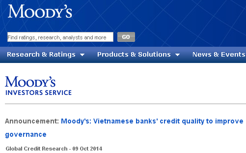 Moody's: Vietnamese banks' credit quality to improve along with economy and governance