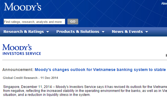 Moody's changes outlook for Vietnamese banking system to stable from negative